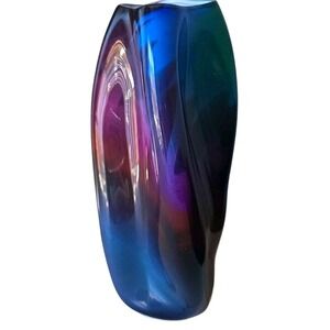 Bruce Freund Signed Art Glass Vase 13" Cobalt Blue Purple Iridescent Slab Studio